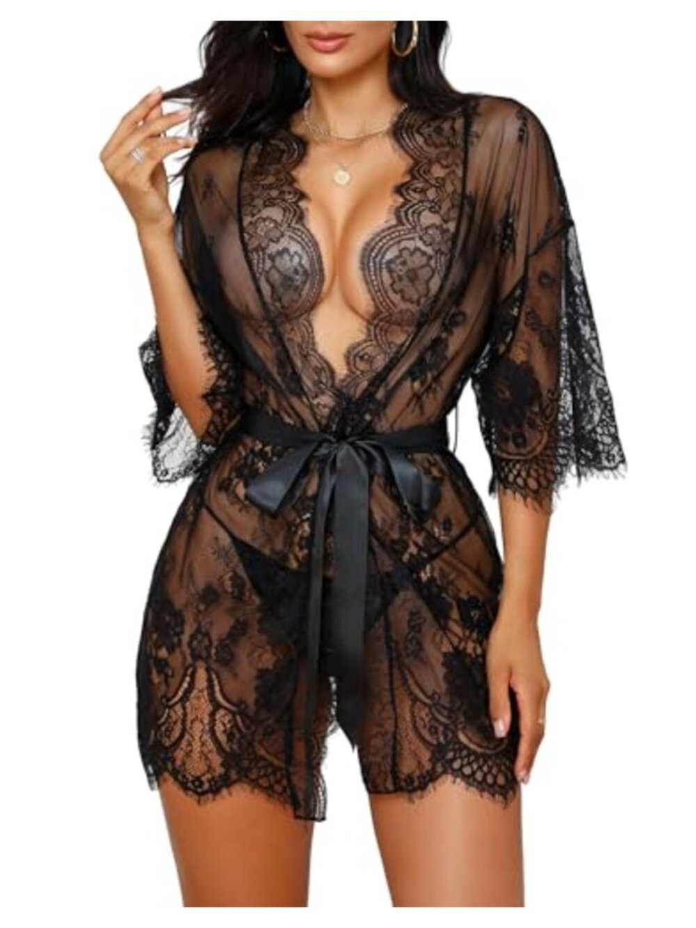 Lace Kimono Robe Mesh Chemise Nightgown Set Butterfly Sleeve Satin Belt